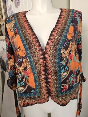 Free People Catch Me If You Can Top L Large Boho Cheetah Paisley Button Front